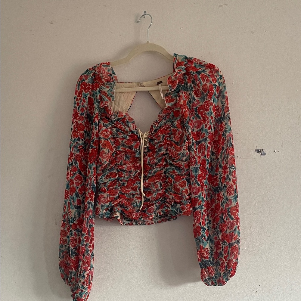 Free People Floral Ruffle Blouse - Red and Green